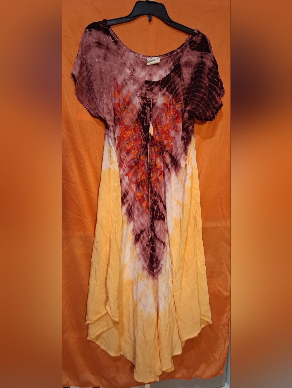 Exist Yellow and Burgundy Tie-Dye Embroidered Maxi Dress